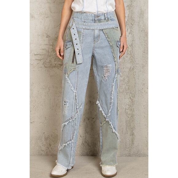 POL Striped Belted Frayed Seam Distressed Straight Denim High Waisted Jeans - Picture 3 of 5